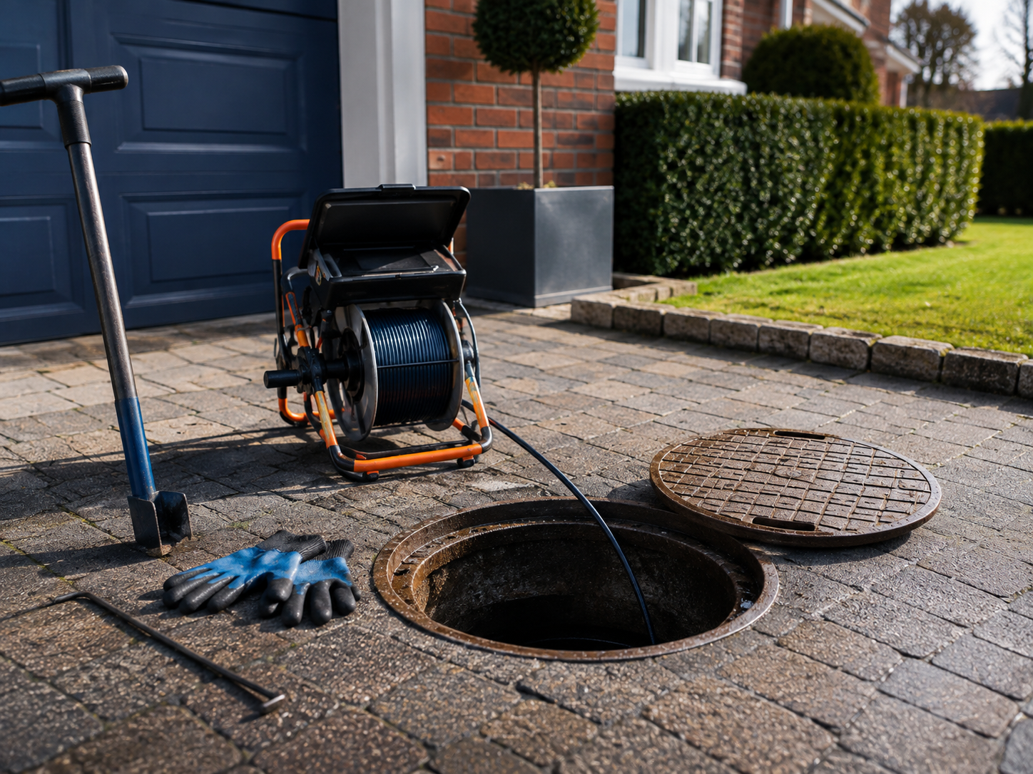 Professional drain inspection equipment set up beside an accessible outside drain